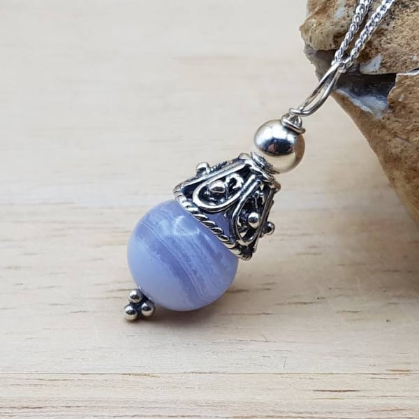 Small Blue lace agate pendant necklace. Pisces jewellery