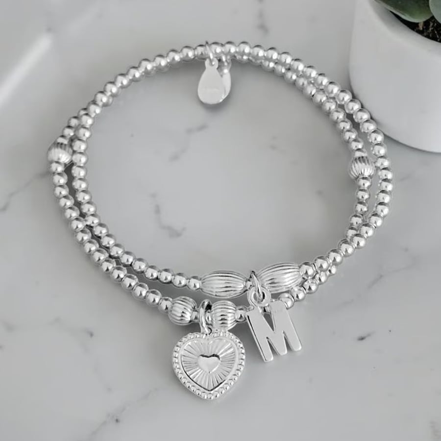Sterling Silver Initial and Heart Charm Personalised Stretch Stacking Bracelets