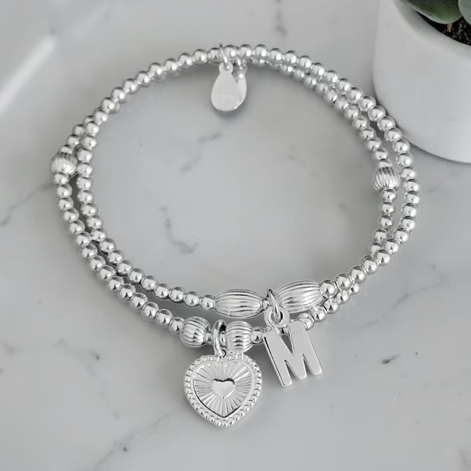 Sterling Silver Initial and Heart Charm Personalised Stretch Stacking Bracelets