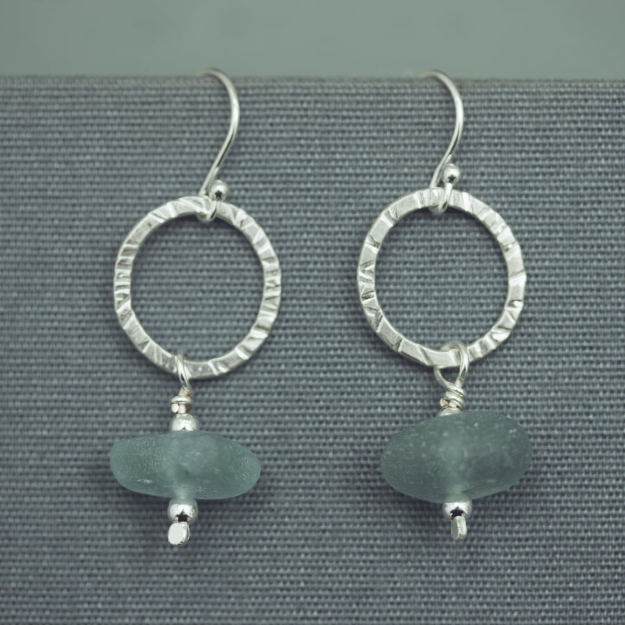 Silver Loop and Aqua Sea Glass Earrings