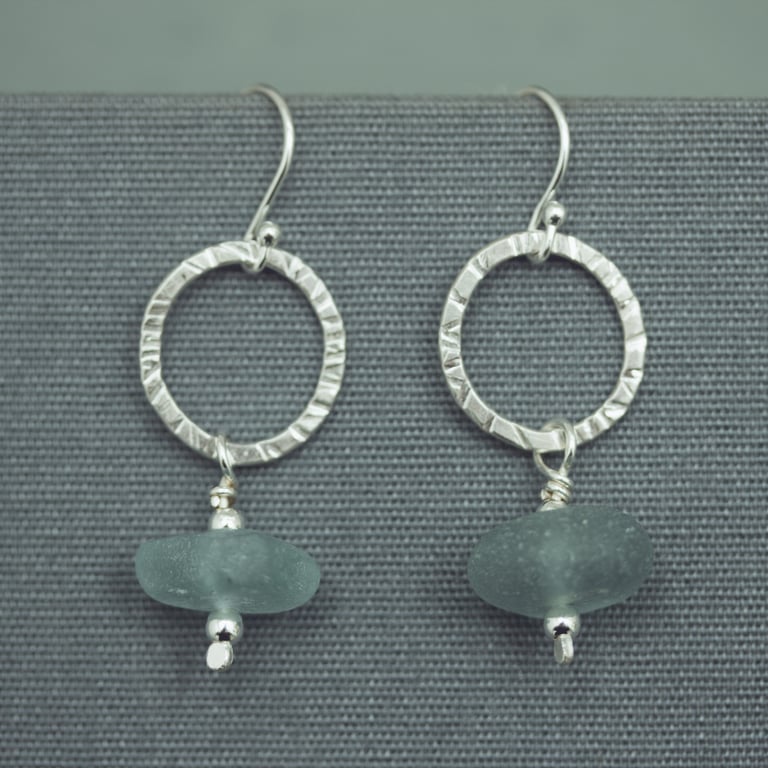 Silver Loop and Aqua Sea Glass Earrings