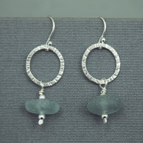Silver Loop and Aqua Sea Glass Earrings