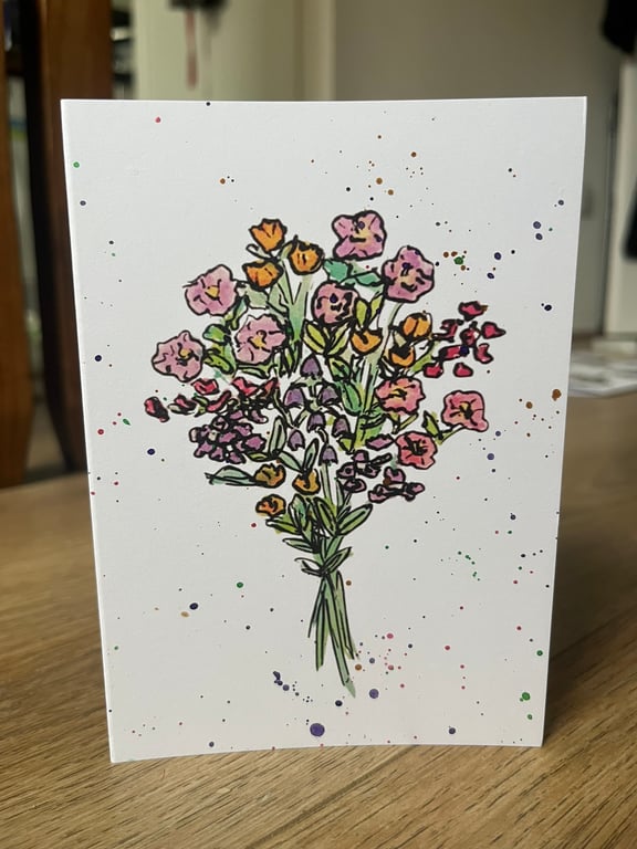Flower Bouquet Card Printed and Hand-Painted