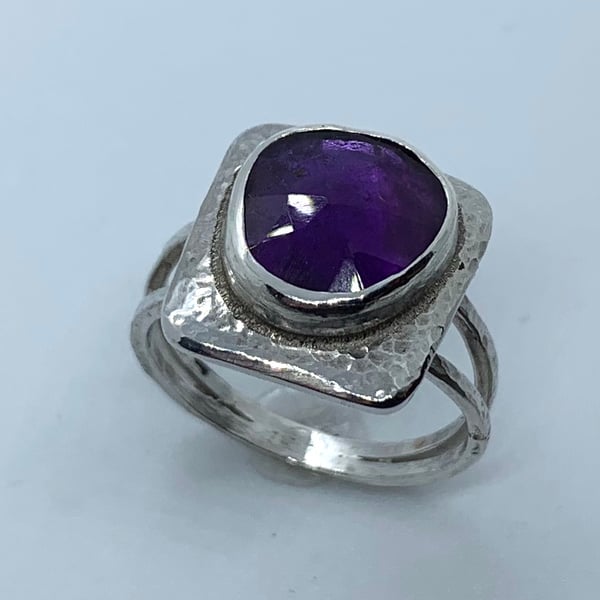 Unique Amethyst and Sterling Silver ‘Picture’ Ring, Handmade, (U.K size O,P)