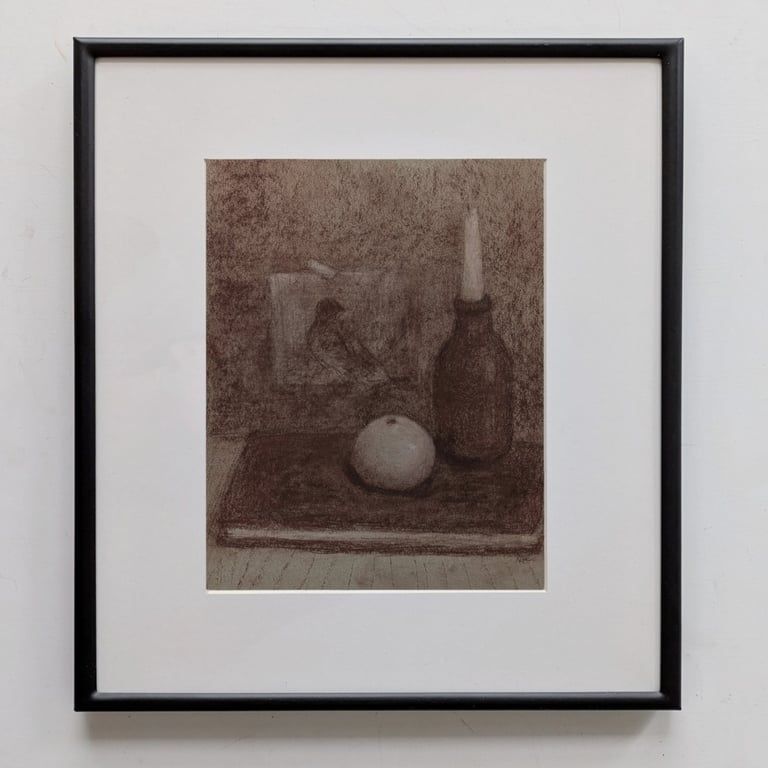 Sepia Chalk Still Life Drawin-  Mandarin, Candle & Book - 8x10 Original Art 