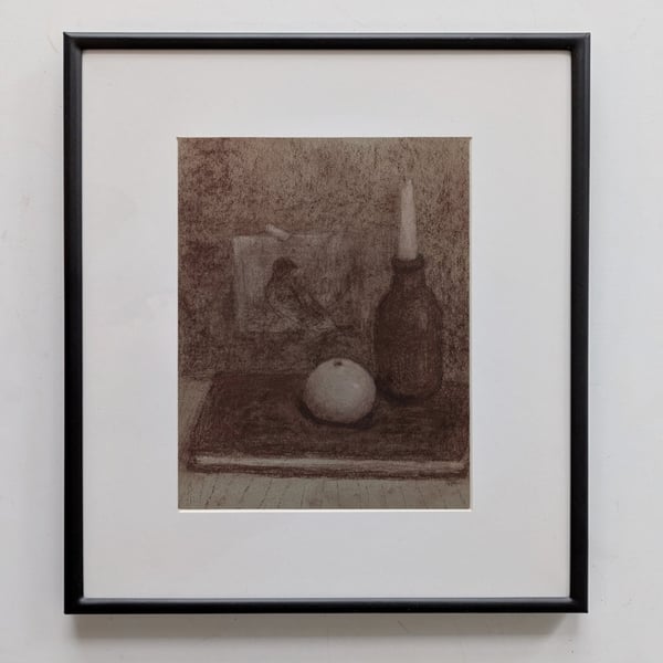 Sepia Chalk Still Life Drawin-  Mandarin, Candle & Book - 8x10 Original Art 
