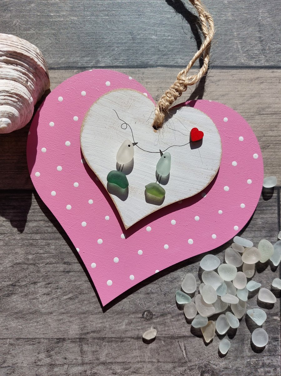 Hand Painted Sea Glass Birds Pastel Heart - Beach Wedding Decor