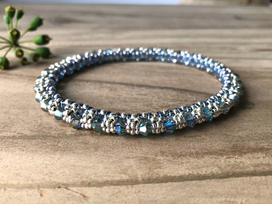Blue Grey Silver Bead Weave Bracelet. Sparkly Beadwork CHRISTMAS Bangle.