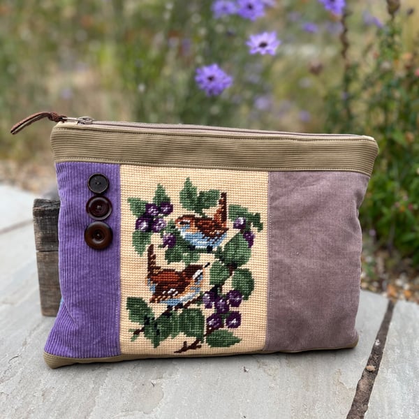 Repurposed wrens tapestry large soft pouch with reclaimed denim & floral lining