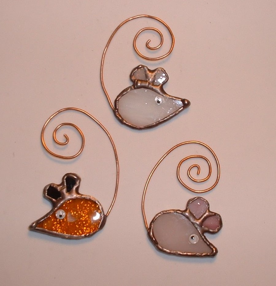 Three Glass Mice Suncatcher Hanging Decoration with curly copper tails