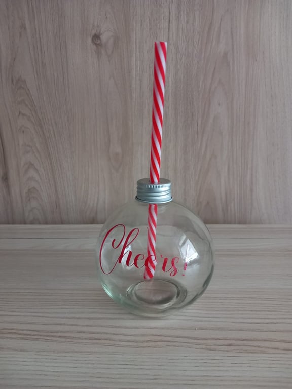 Glass Drinking Bauble With Straw "Cheers!" Christmas Drinks Cup Unique Drinkware