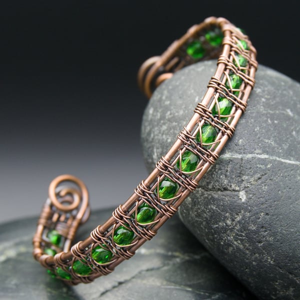 Snake Wire Weave Copper Cuff with Emerald Green Faceted Glass Beads