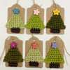 Six Crochet Christmas Tree Tags with Wooden Star Button