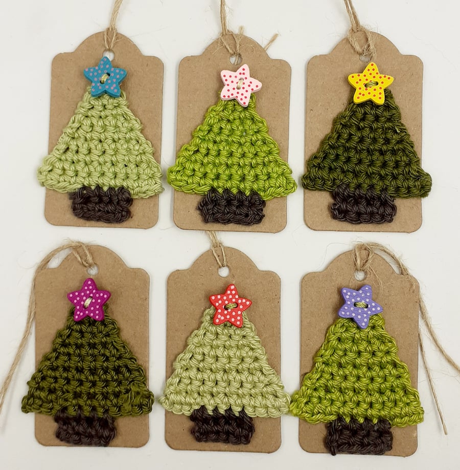 Six Crochet Christmas Tree Tags with Wooden Star Button