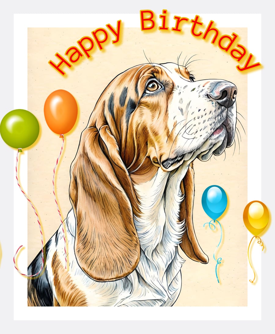 Happy Birthday Basset Hound Drawing Card A5