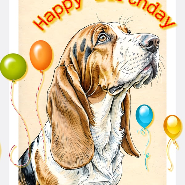 Happy Birthday Basset Hound Drawing Card A5
