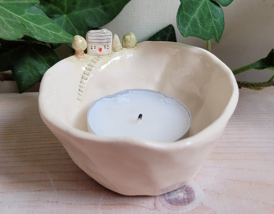 Ceramic tealight wth tiny house and trees, Christmas candle holder gift 