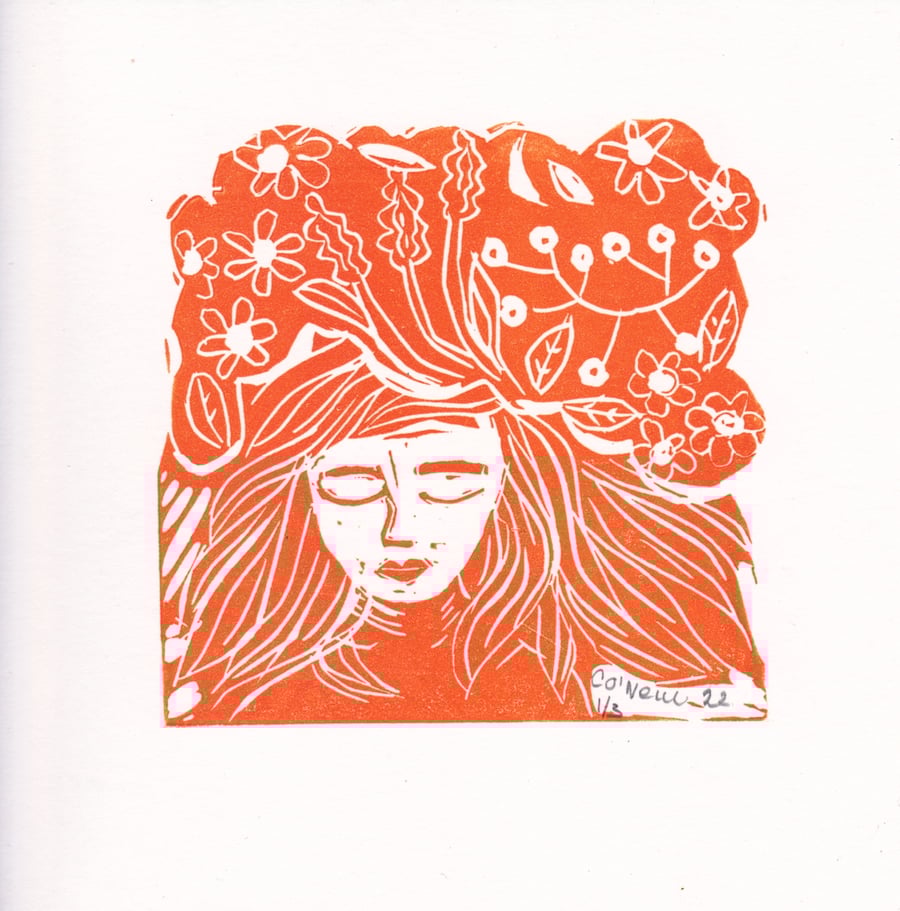 Orange Colour Burst - Mindful moments.   Lino Print