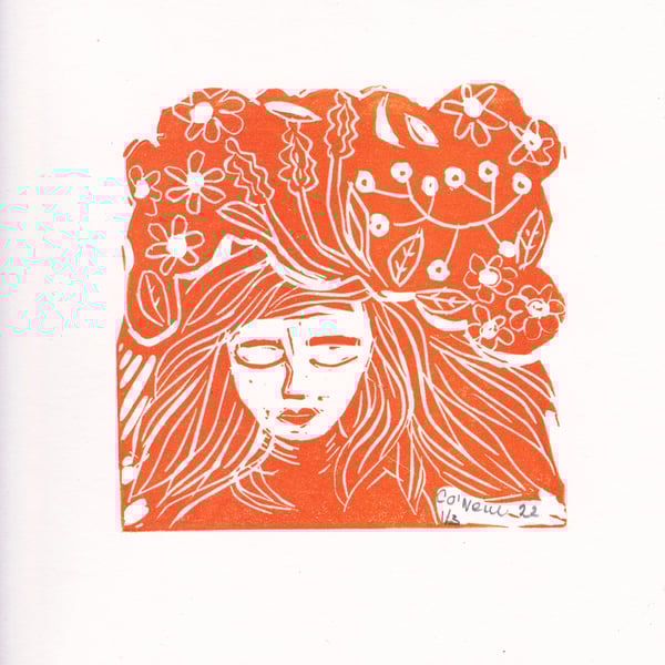 Orange Colour Burst - Mindful moments.   Lino Print