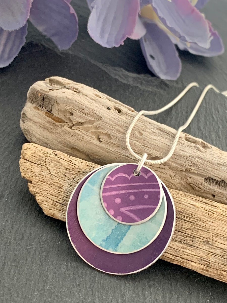 Water colour collection - hand painted aluminium pendant, teal and purple print
