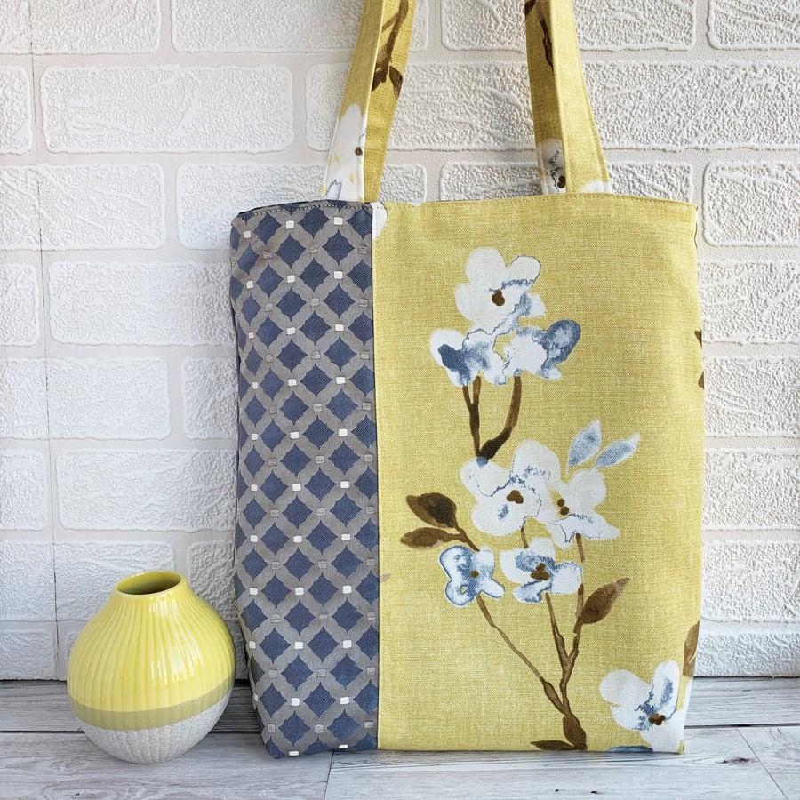 SOLD - Floral and Lattice Pattern Tote Bag in Mustard Yellow and Blue