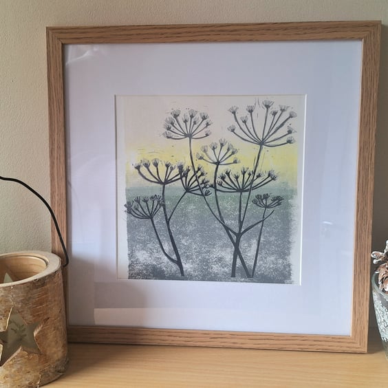An original handprinted linoprint of a winters scene 'Winters Morning''