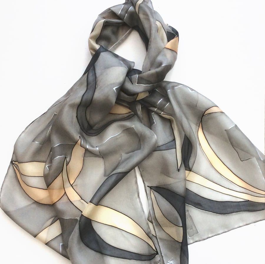 Grey Abtract   Hand painted silk scarf