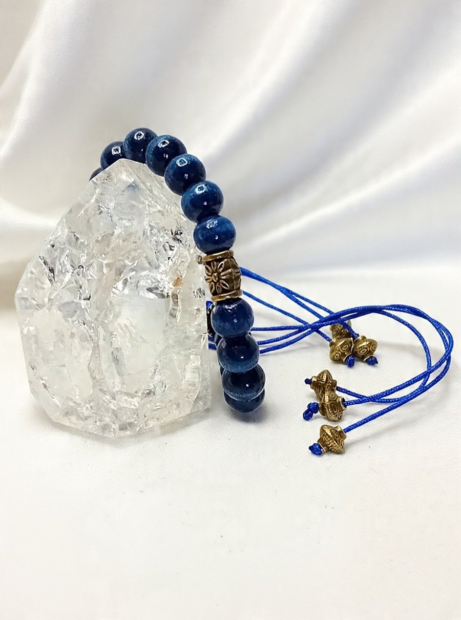 Wooden Beads in Blue with Bronze Bracelet