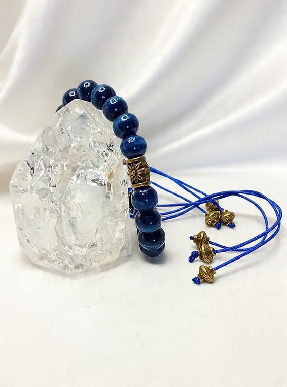 Wooden Beads in Blue with Bronze Bracelet