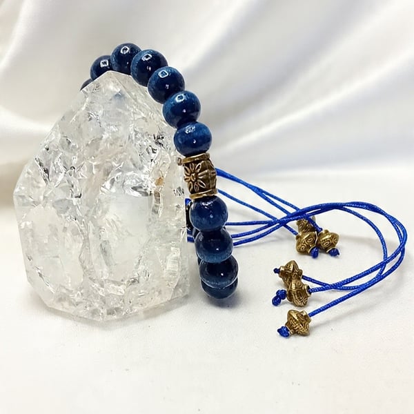 Wooden Beads in Blue with Bronze Bracelet