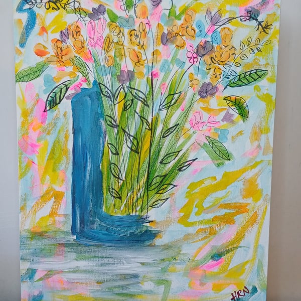 Blue Vase Flowers original abstract acrylic and pen painting on canvas panel
