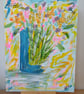Blue Vase Flowers original abstract acrylic and pen painting on canvas panel