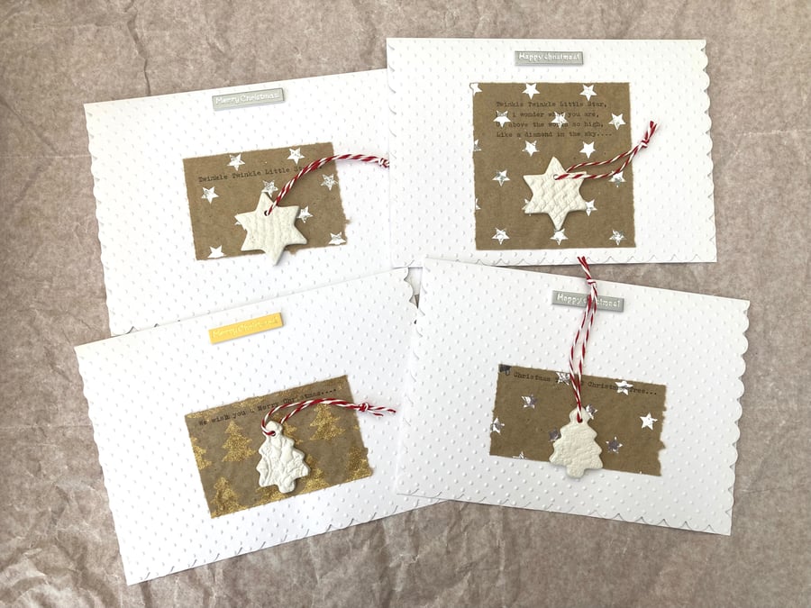 Set of 4 hand made Christmas cards and decorations, one off designs, gift & card
