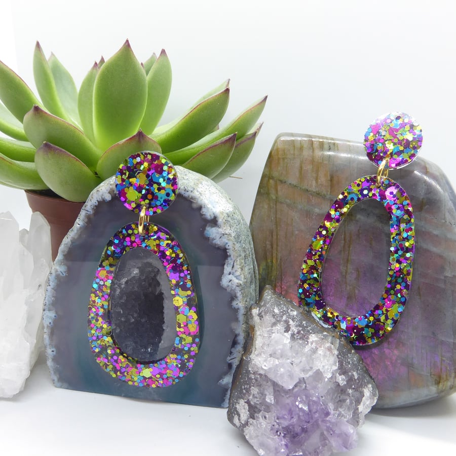 Glitter Statement Earrings in Purple, Blue, and Gold