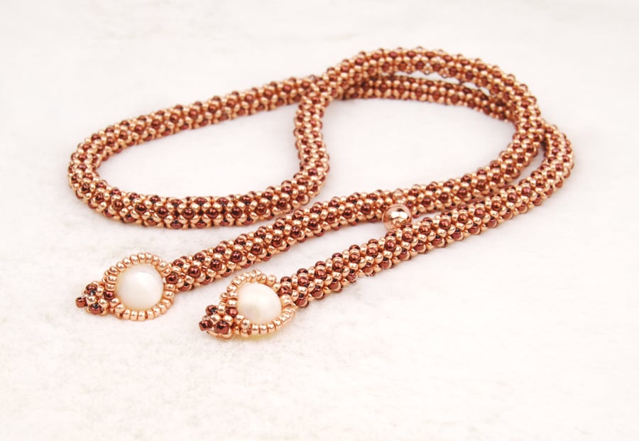 Mother of Pearl necklace, Rose gold and bronze rope necklace with gemstones