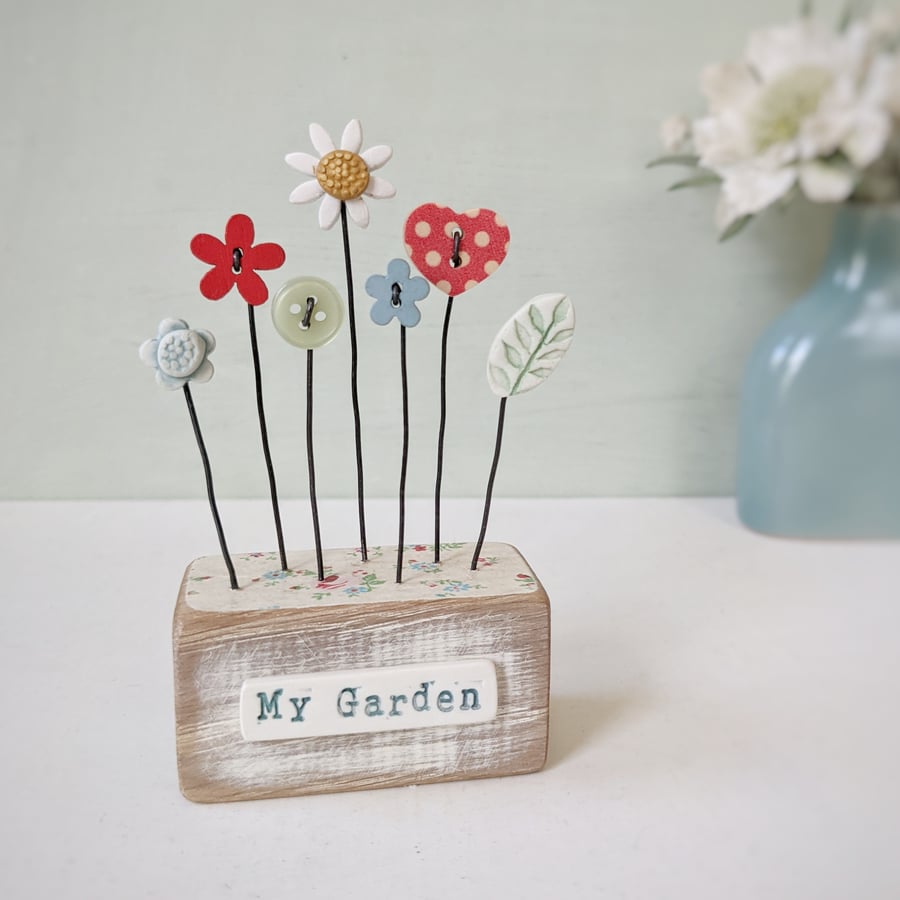 Clay and Button Flower Garden in a Wood Block 'My Garden'