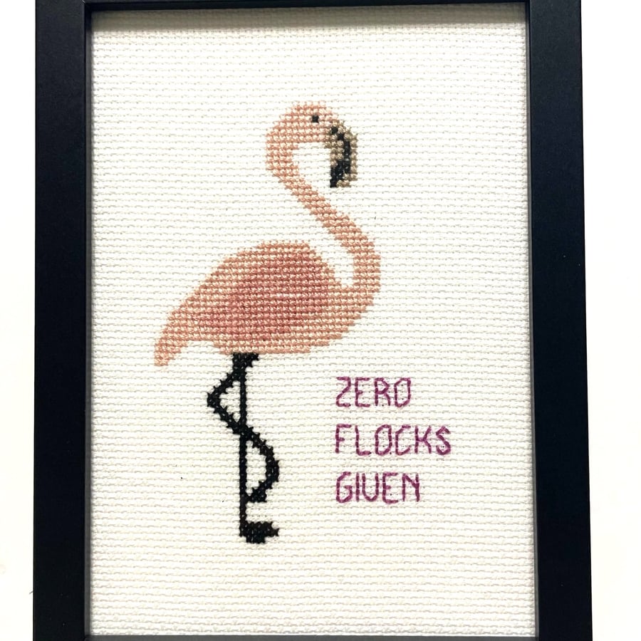 Framed quote in cross stitch picture - Zero Flocks Given
