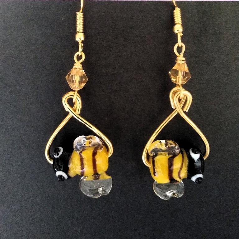 Cute Lampwork Glass Bee Gold Plate Dangle Earrings