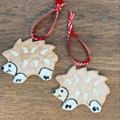 Handmade ceramic Christmas hedgehog hanging decoration