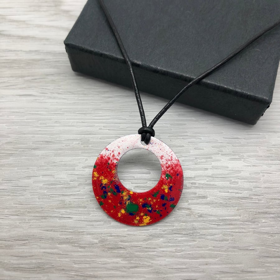 Geometric enamel and leather necklace. Circle necklace. 