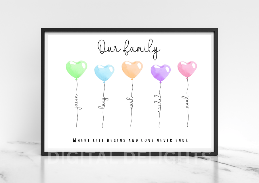 Love Heart Balloon Family Personalised Print