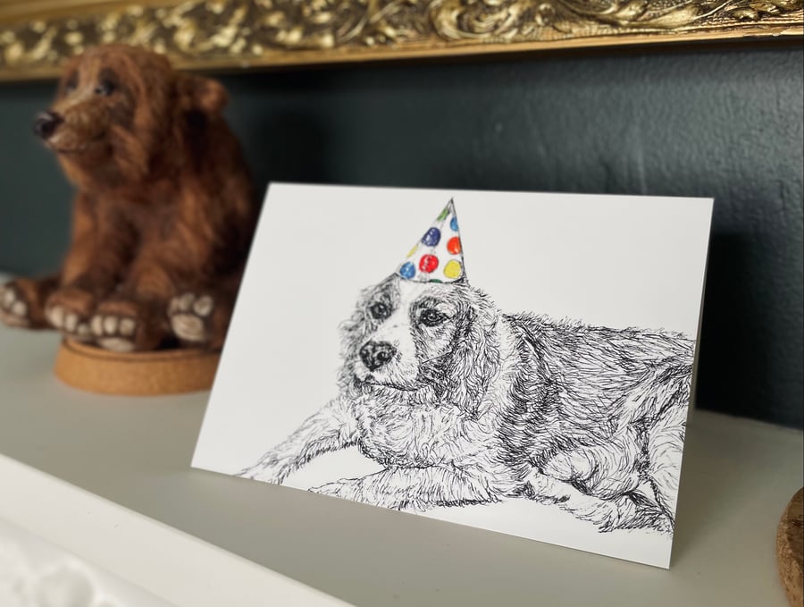 Dog Birthday Card King Charles Spaniel Party Hat Print Original Drawing A6