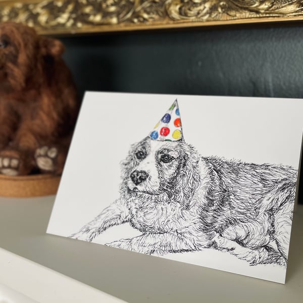 Dog Birthday Card King Charles Spaniel Party Hat Print Original Drawing A6