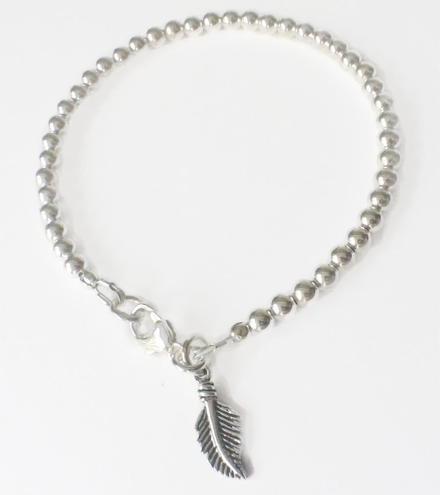 Sterling Silver Ball Feather Charm Bracelet  Beaded Contemporary Modern Bridal 