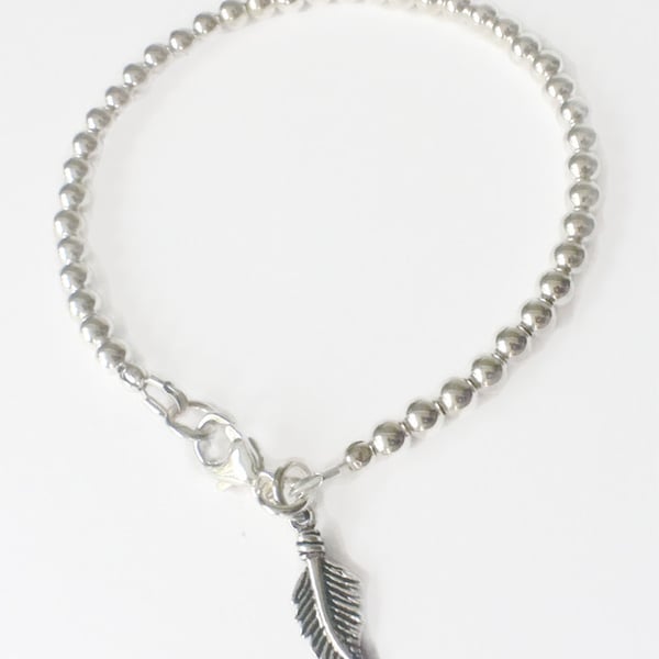 Sterling Silver Ball Feather Charm Bracelet  Beaded Contemporary Modern Bridal 