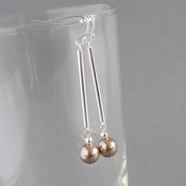 Long Bronze Pearl and Silver Bar Dangle Earrings - Light Brown Drop Earrings