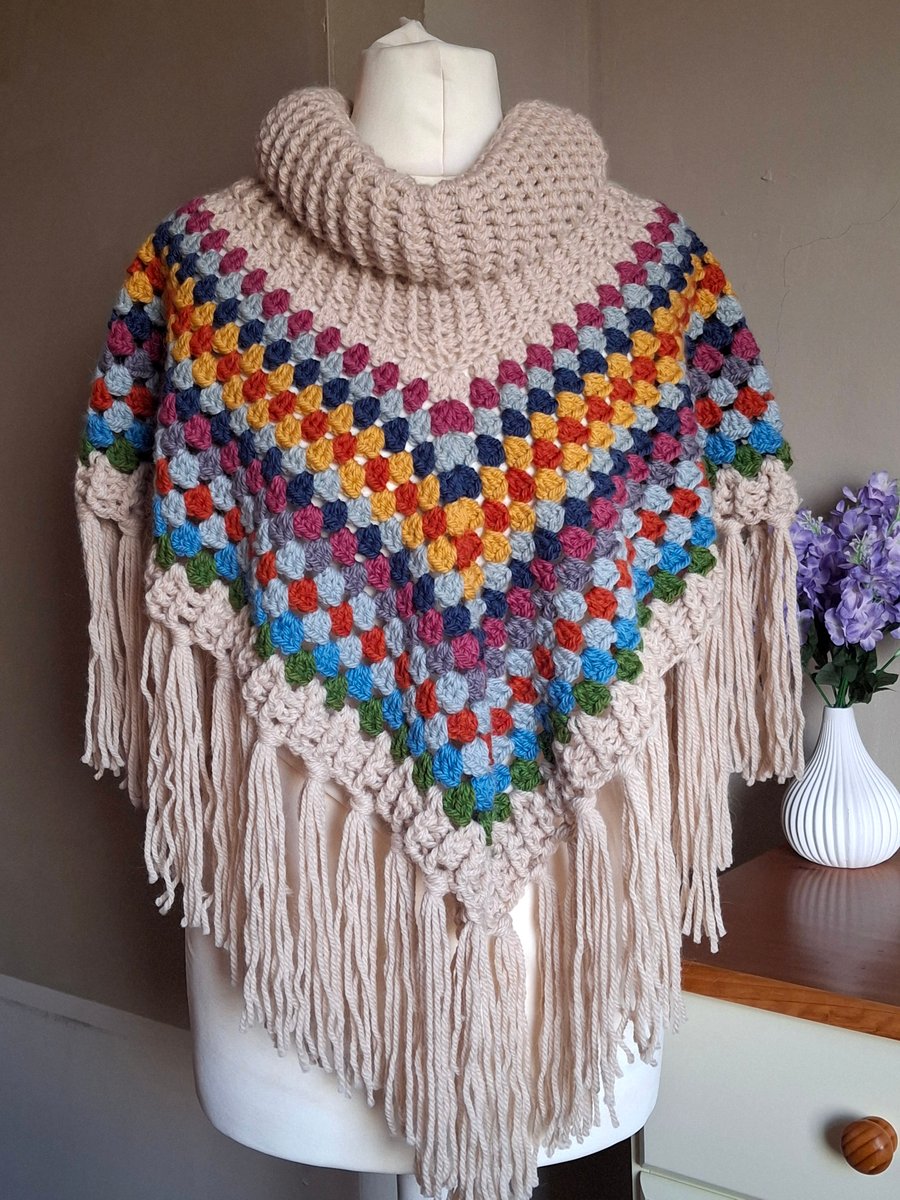 Handmade Fringed Crochet Cowl Neck Poncho. PRE ORDER ONLY 4-5 WEEKS LEAD TIME  