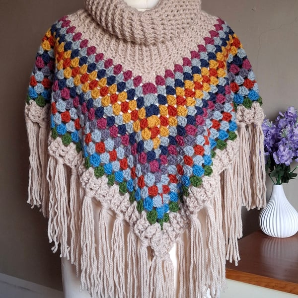 Handmade Fringed Crochet Cowl Neck Poncho. PRE ORDER ONLY 4-5 WEEKS LEAD TIME  