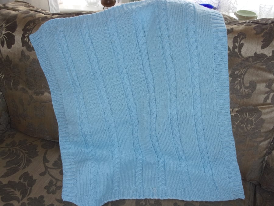 Pale Blue Cable Blanket with Double Rib Edges REDUCED PRICE