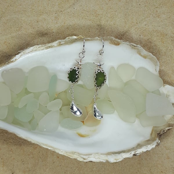 Lime green sea glass and silver mussel shell earrings - Seconds Sunday 